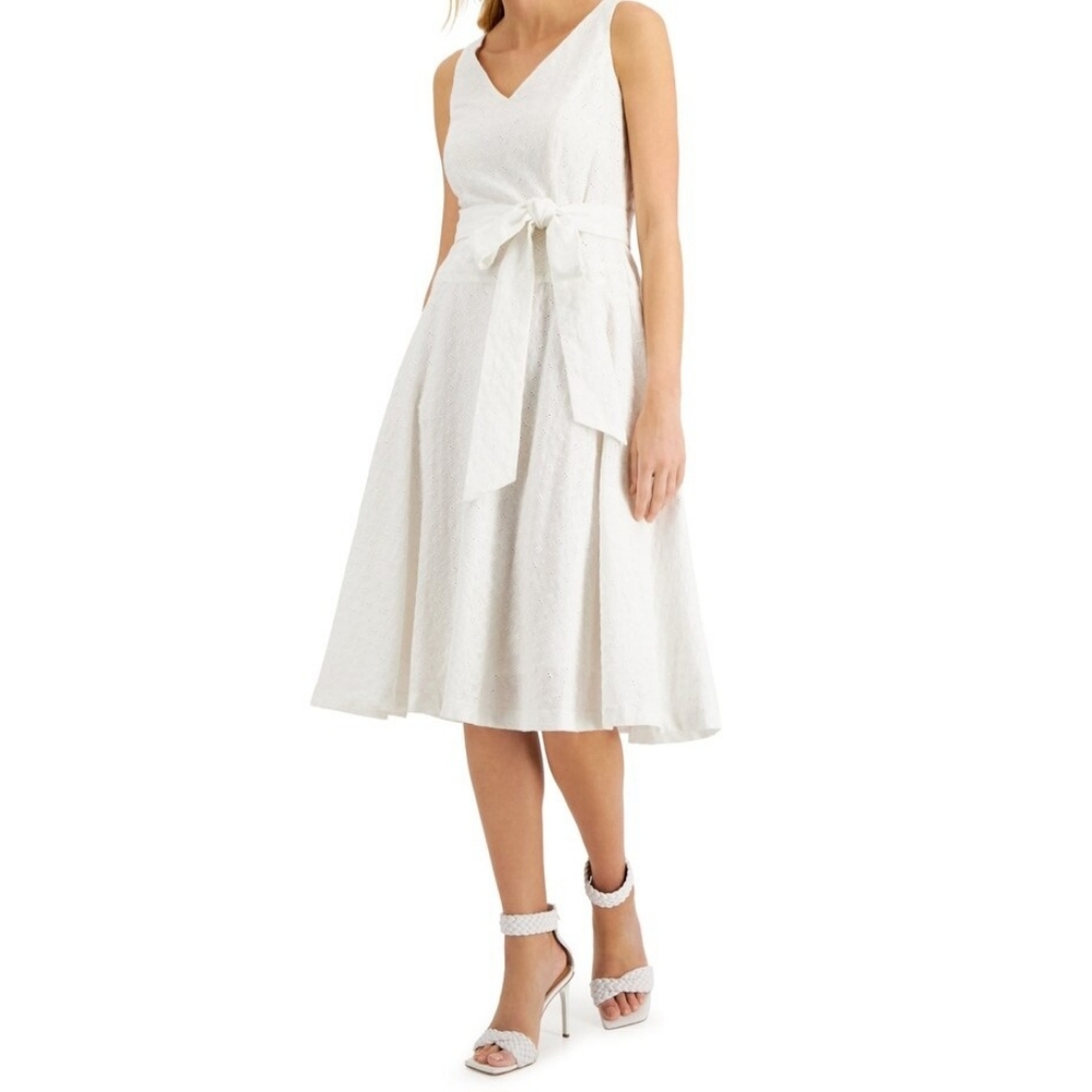Taylor White Sleeveless Eyelet Embroidery A-line Midi Summer Dress